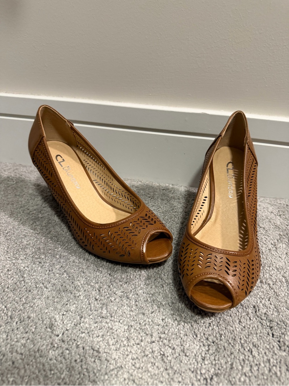 CL by Laundry Brown Laser-Cut Peep-Toe Wedges